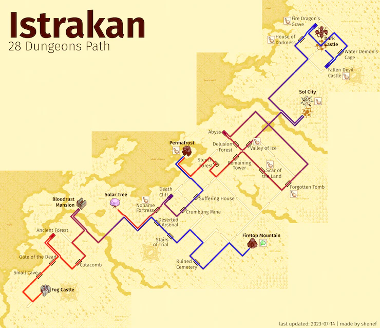 Map depicting the 28 Dungeons path